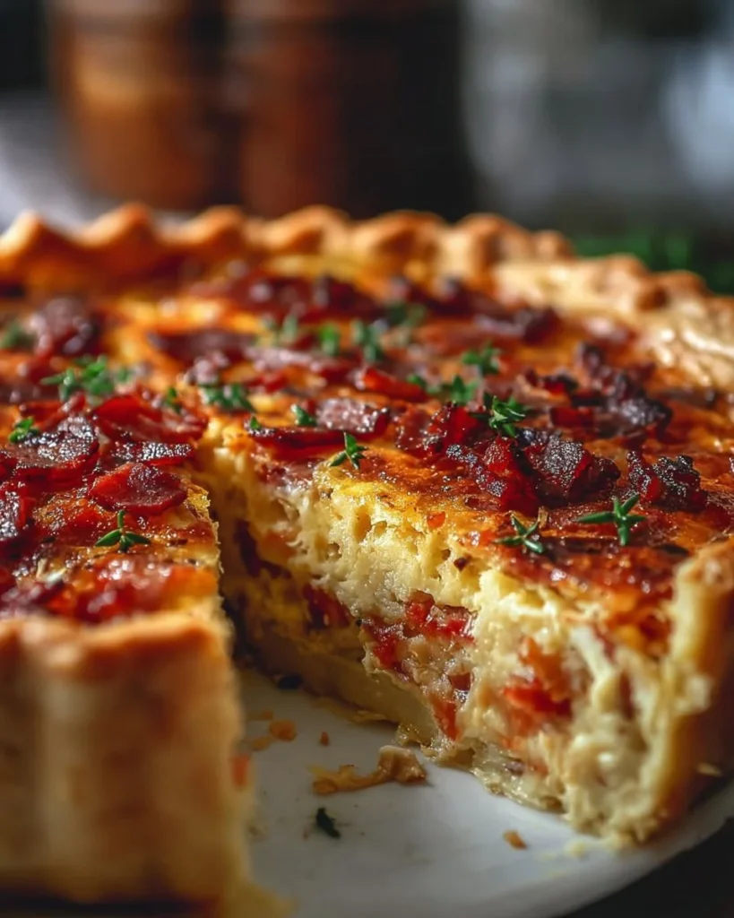 Delicious Bacon Onion Tomato Pie freshly baked with crispy bacon and juicy tomatoes.