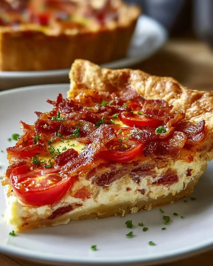 Delicious Bacon Onion Tomato Pie served on a rustic wooden table