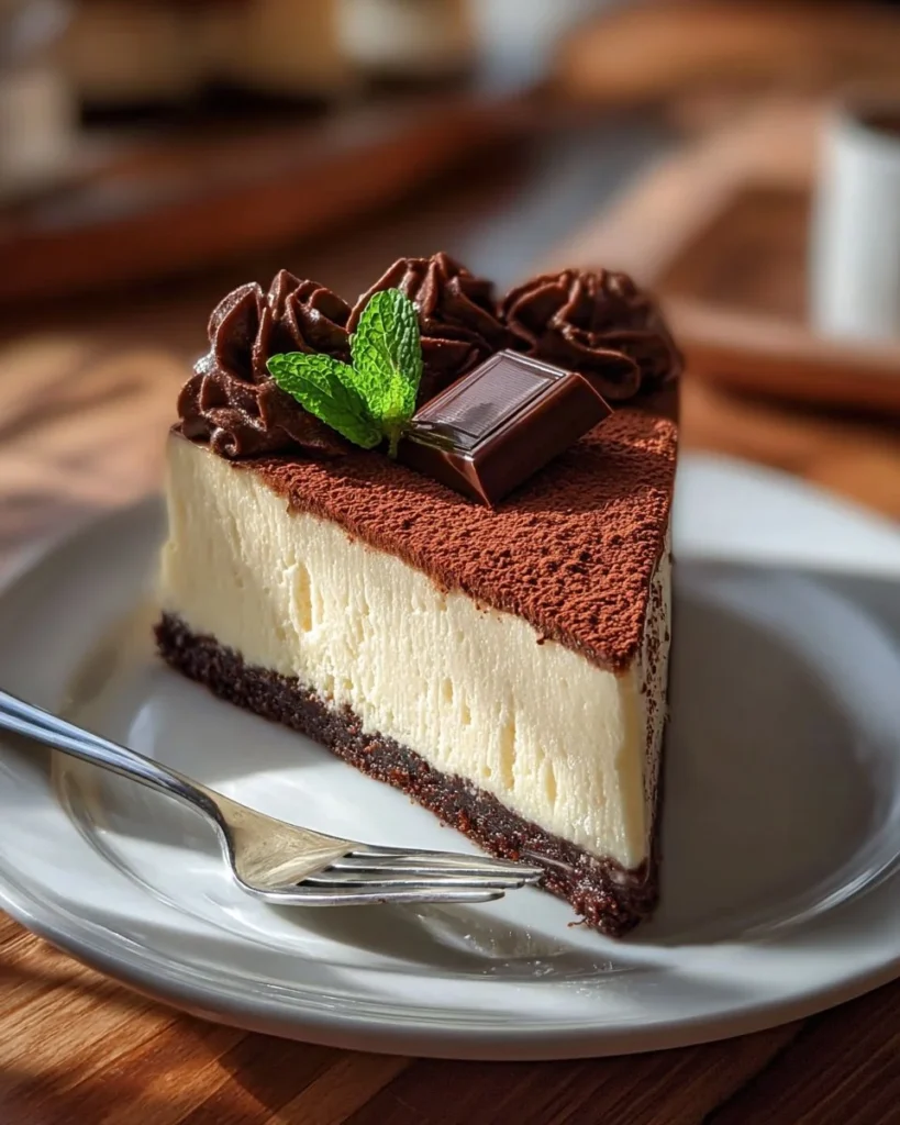 Rich Baileys brownie cheesecake topped with chocolate drizzle and whipped cream.
