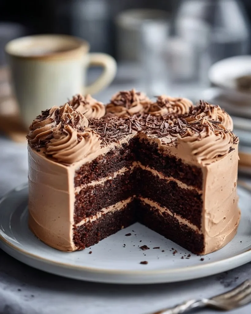 Delicious Baileys cake topped with creamy frosting and chocolate shavings.