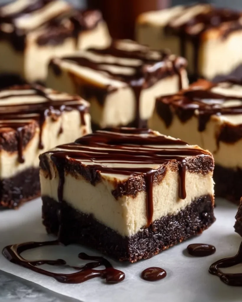 Baileys cheesecake brownies with espresso ganache on a dessert plate