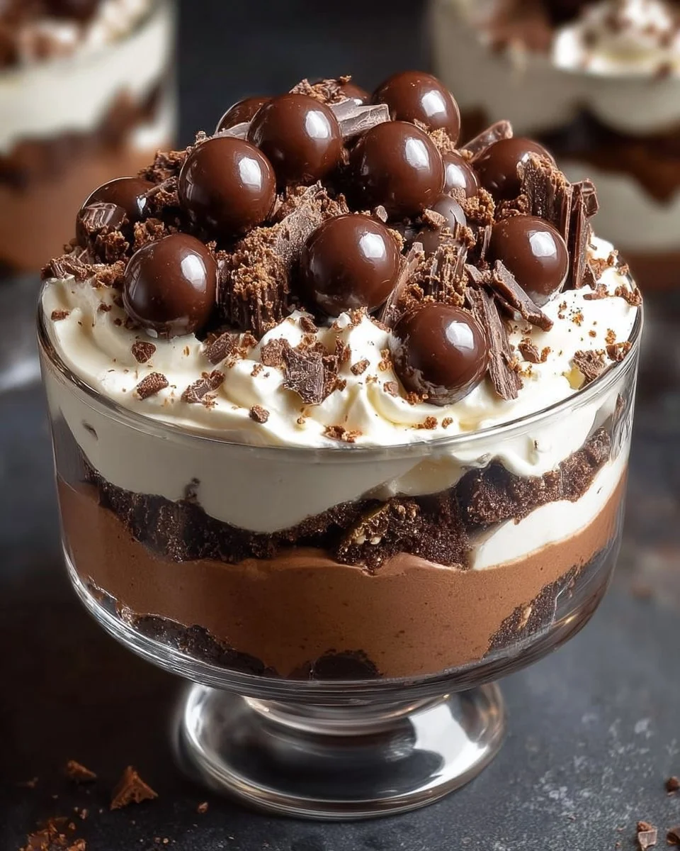 Baileys chocolate cheesecake trifle dessert in a glass dish