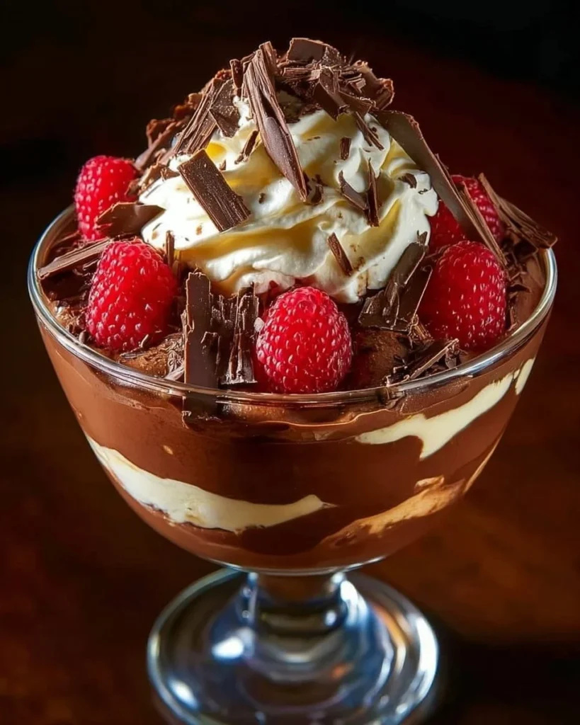 Baileys chocolate cheesecake trifle served in a glass, topped with chocolate shavings.