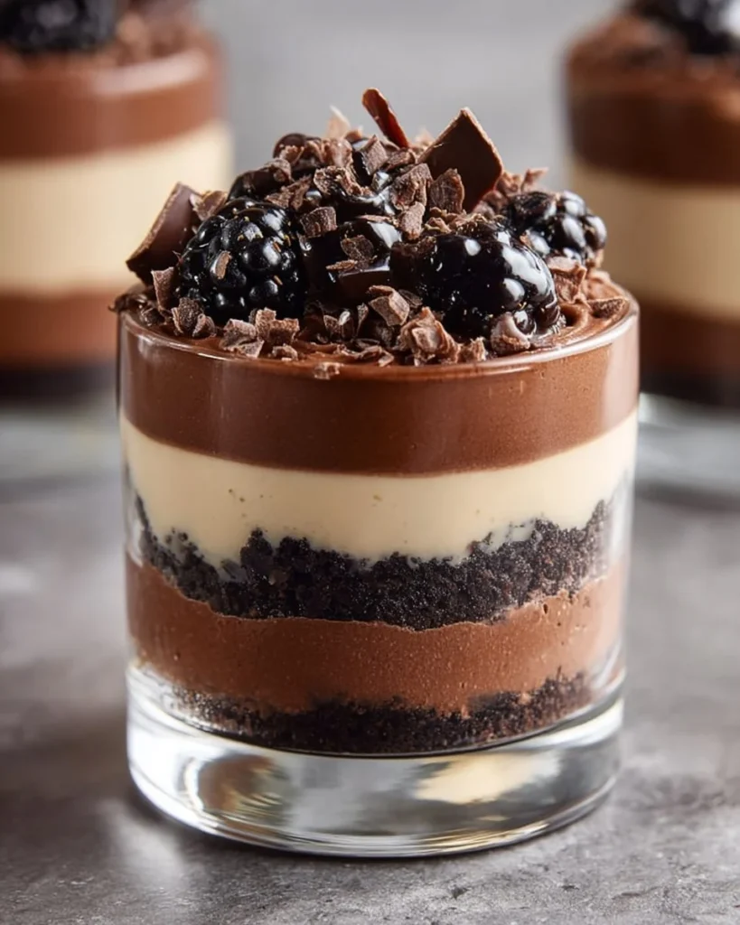 Delicious Bailey's chocolate cheesecake trifle in a glass dish