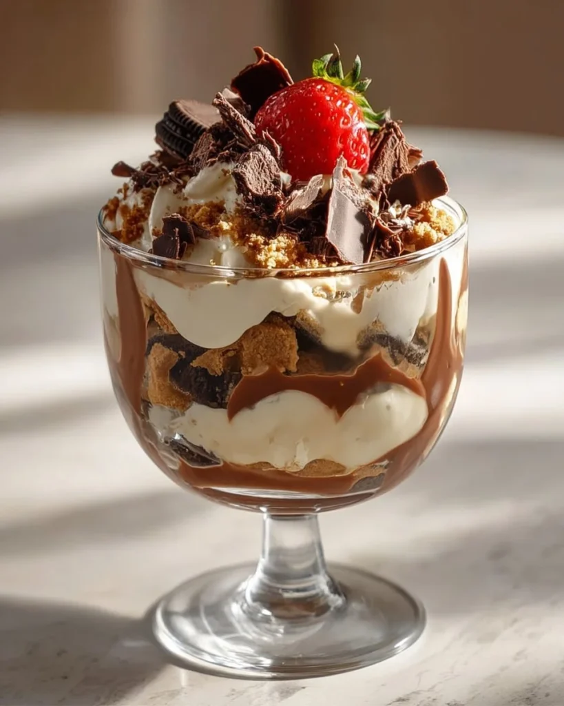Delicious Baileys Chocolate Cheesecake Trifle layered in a glass dish