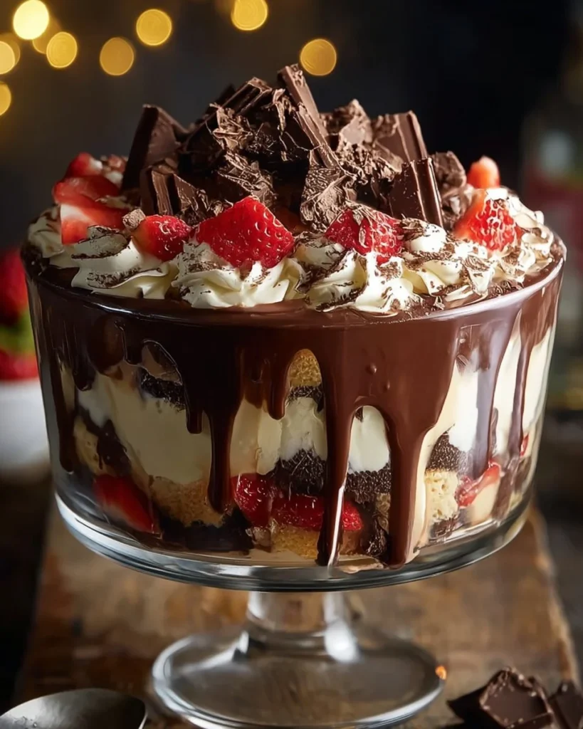 Delicious Bailey's chocolate cheesecake trifle topped with a rich chocolate drizzle