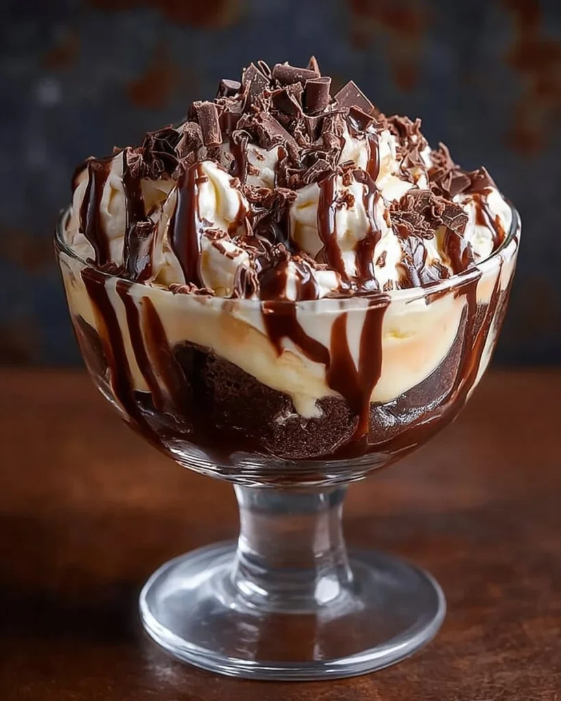 Bailey's Chocolate Cheesecake Trifle topped with chocolate drizzle in a glass dish