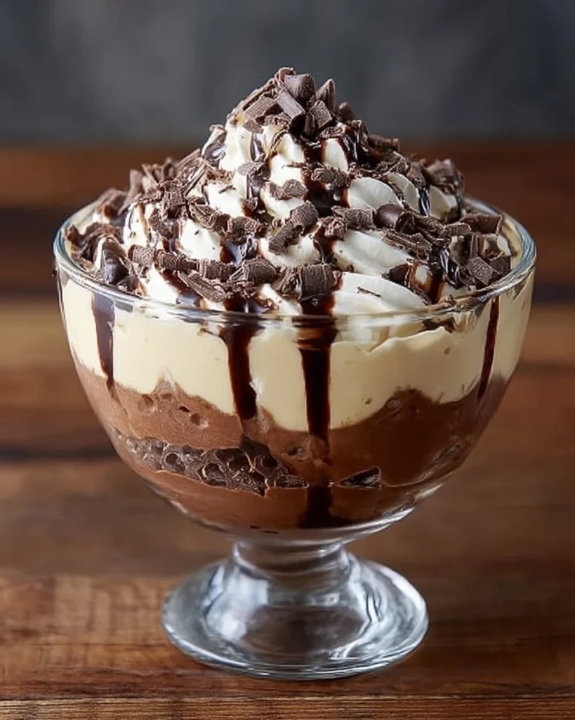 Bailey's chocolate cheesecake trifle with chocolate drizzle layered in a glass