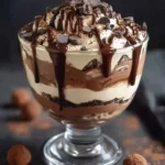 Delicious Bailey's Chocolate Cheesecake Trifle topped with chocolate drizzle.