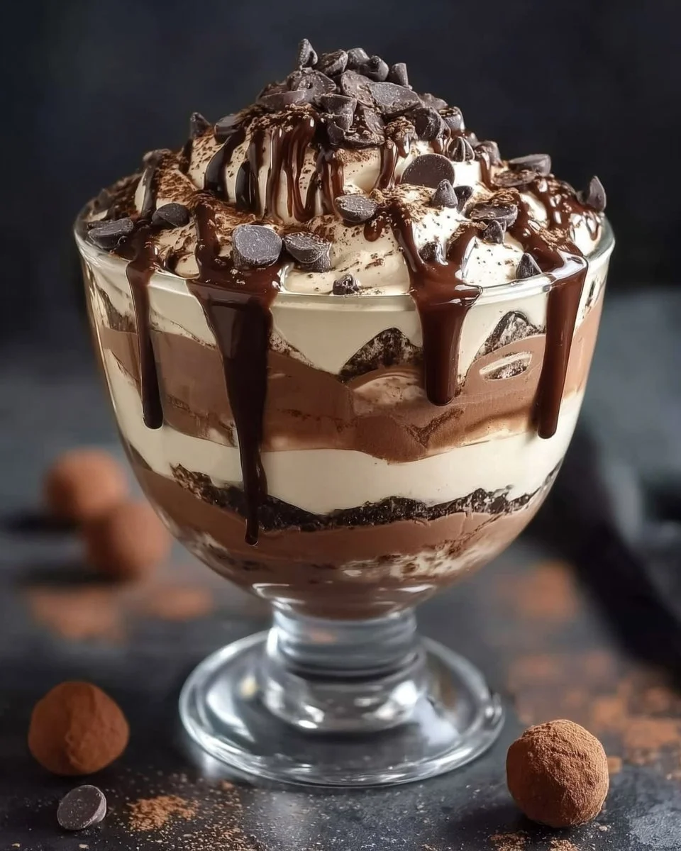 Delicious Bailey's Chocolate Cheesecake Trifle topped with chocolate drizzle.