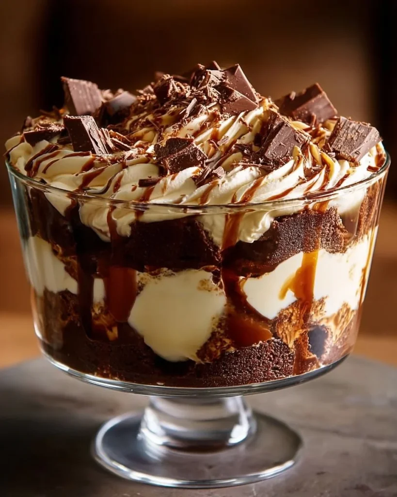 Bailey's chocolate cheesecake trifle with chocolate drizzle in a glass