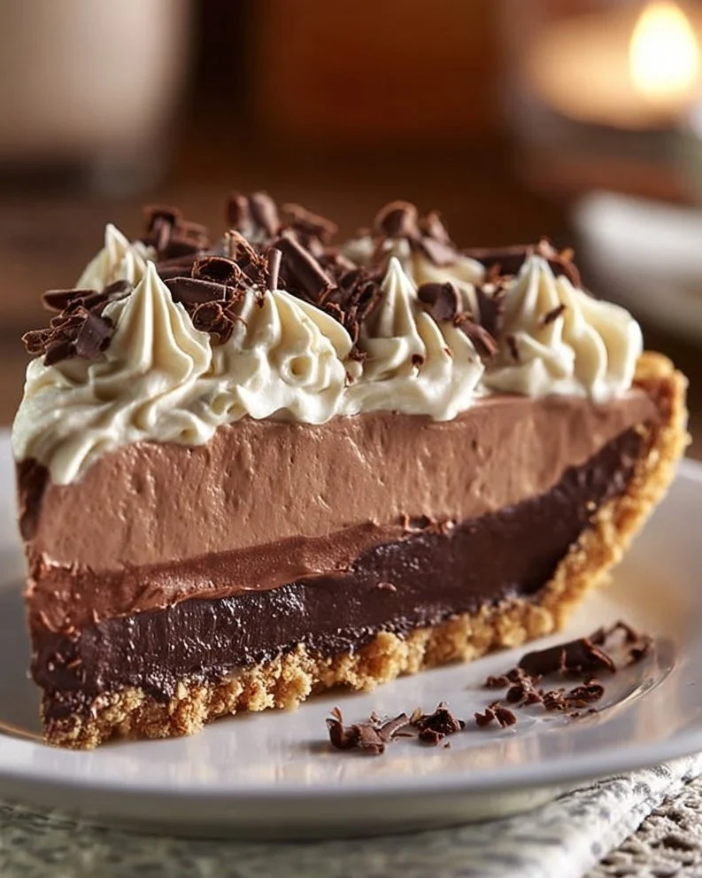Delicious Baileys Chocolate Pie topped with whipped cream and chocolate shavings.