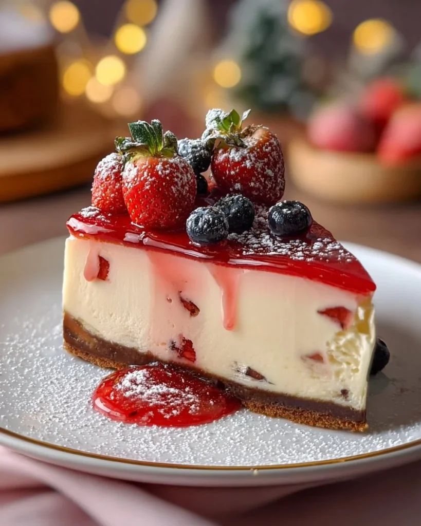 Delicious Baileys Strawberries & Cream Cheesecake topped with fresh strawberries