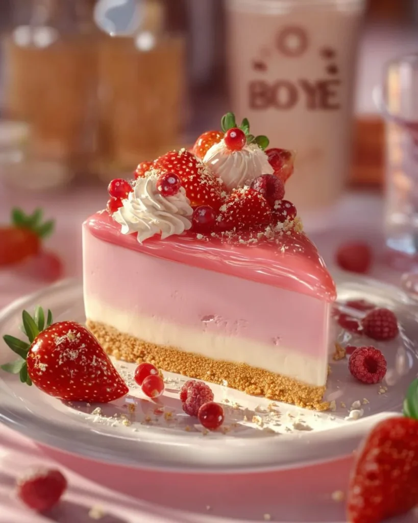 Delicious Baileys Strawberries & Cream Cheesecake with fresh strawberries