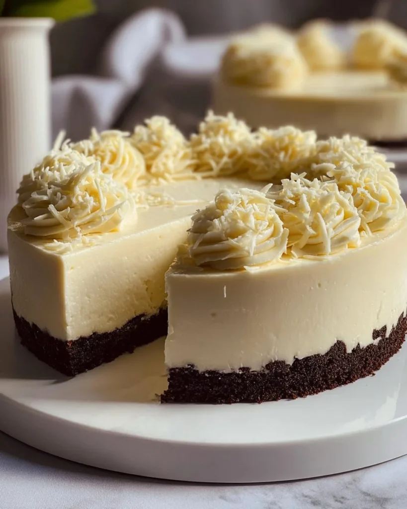 Bailey's White Chocolate No-Bake Cheesecake served on a decorative plate