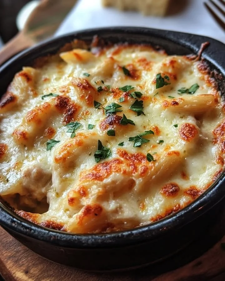 Delicious Baked Chicken Alfredo Pasta topped with creamy sauce and cheese