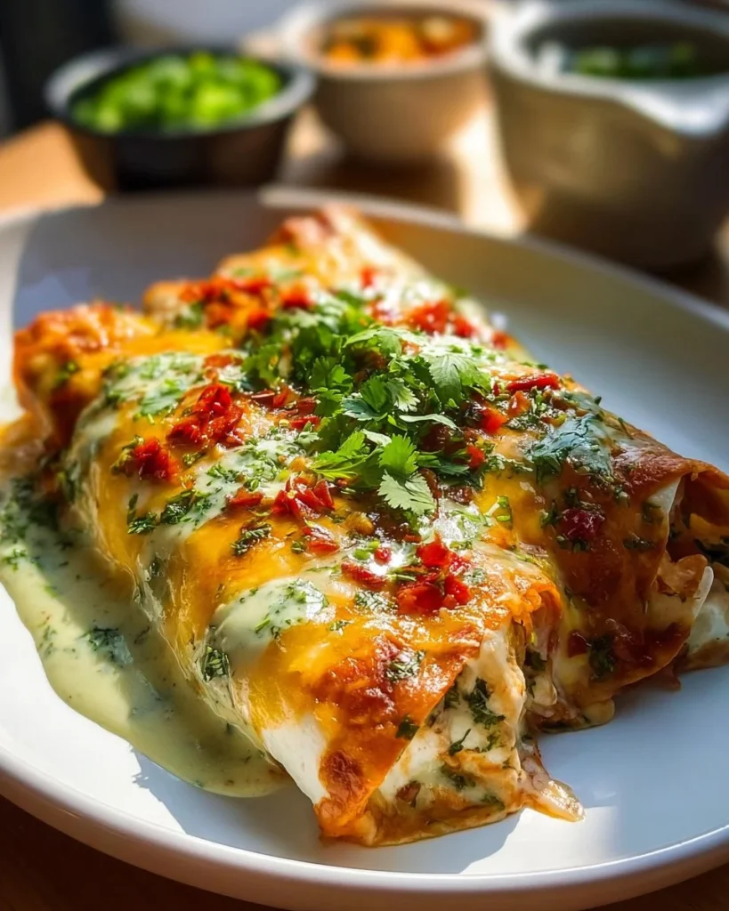 Baked chicken burritos with colorful toppings and salsa on a plate