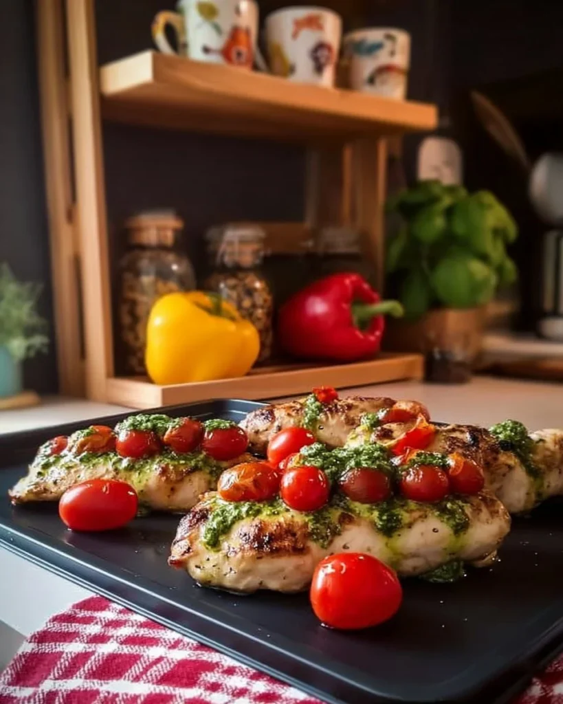 Golden Baked Chicken Caprese topped with mozzarella and basil