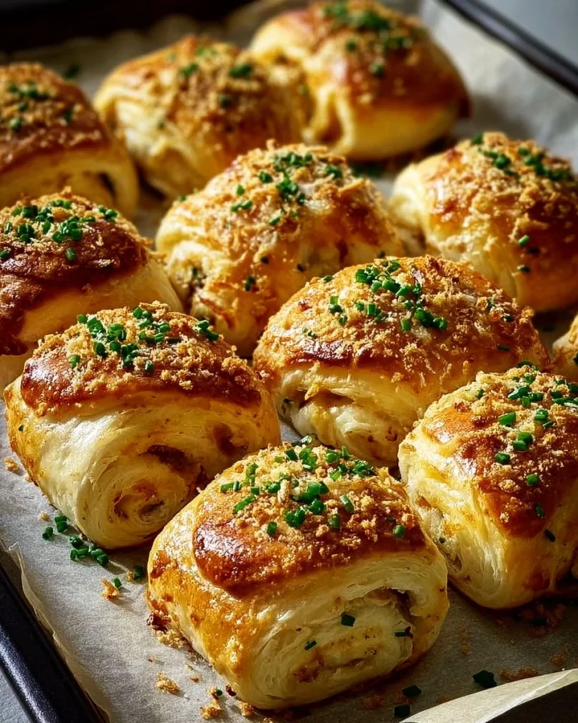 Baked chicken stuffed in crescent rolls topped with herbs and spices.