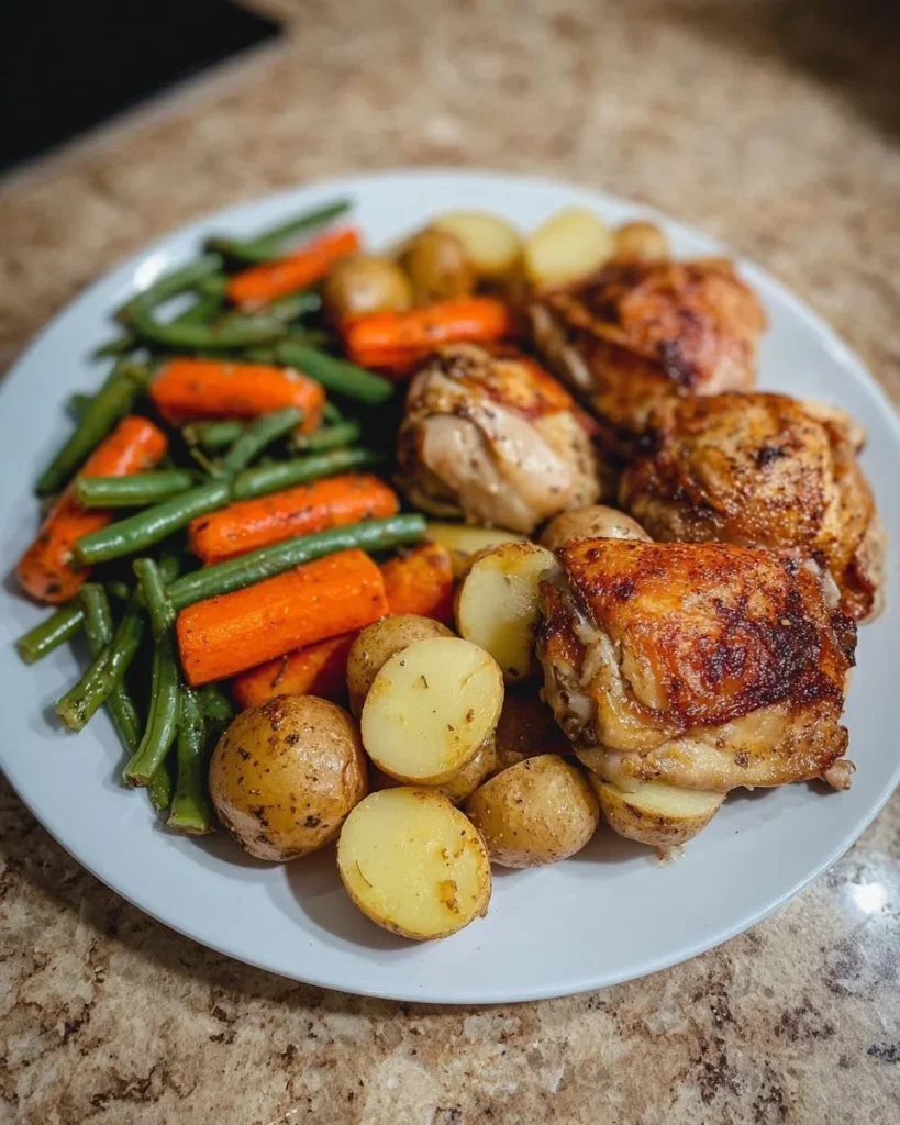 Juicy baked chicken thighs with colorful veggies and green beans on a plate