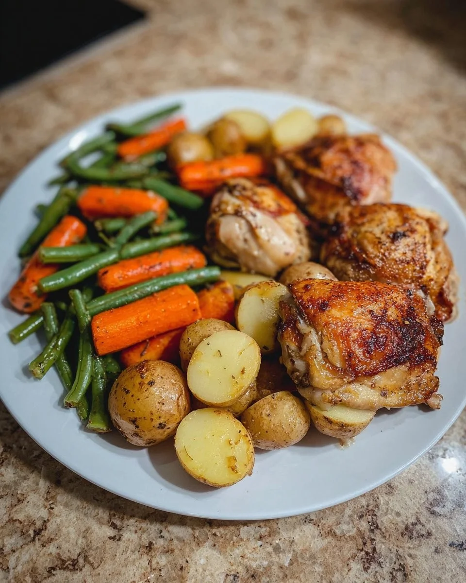 Juicy baked chicken thighs with colorful veggies and green beans on a plate