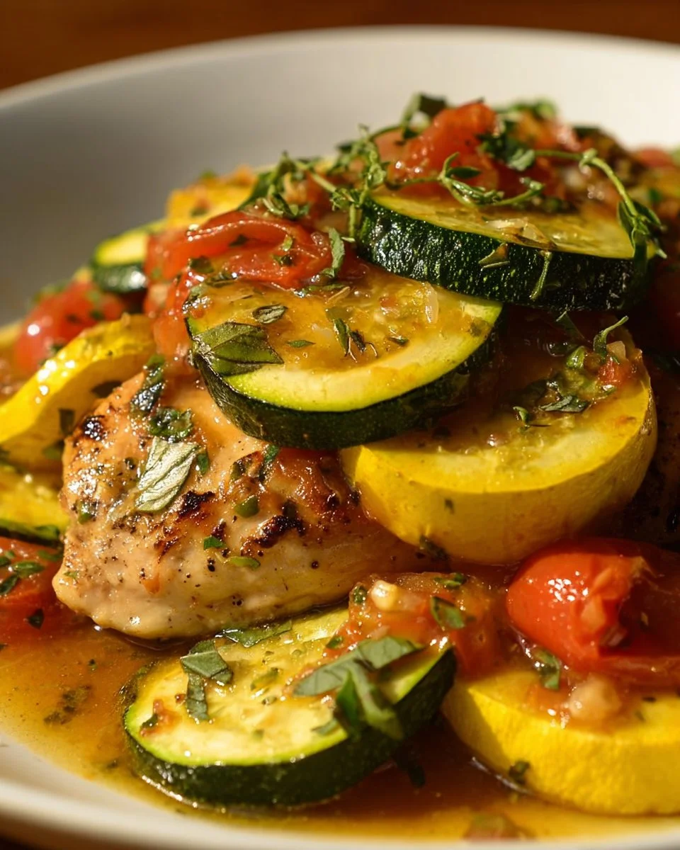 Baked chicken with summer squash and tomatoes on a plate, garnished with herbs.