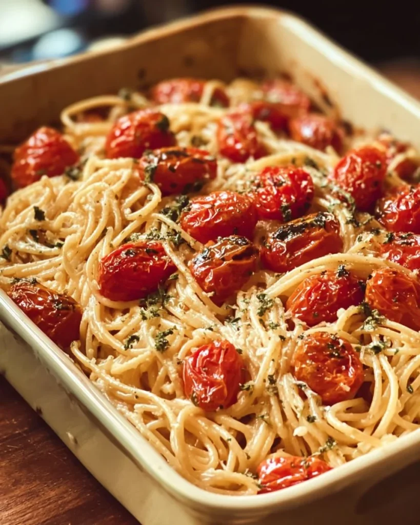 A plate of baked feta pasta topped with fresh basil and cherry tomatoes