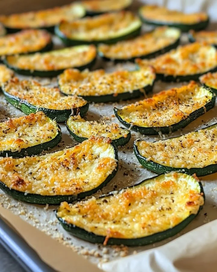 Baked Garlic Parmesan Zucchini served on a plate with herbs and cheese garnish