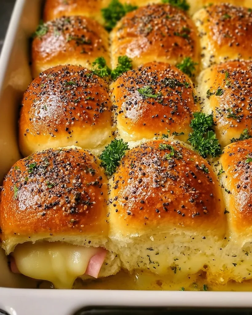 Golden baked ham and cheese sliders on a platter