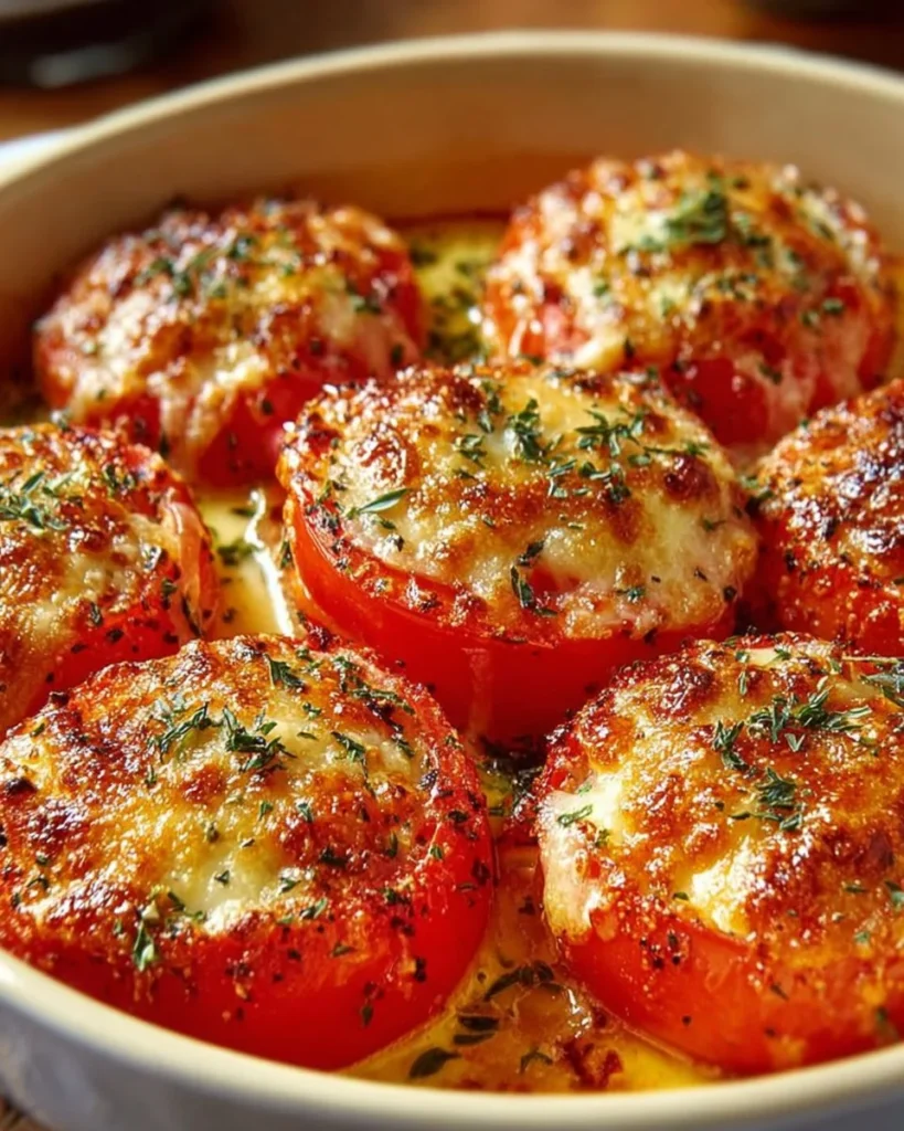 Baked Parmesan Tomatoes topped with melted cheese and herbs