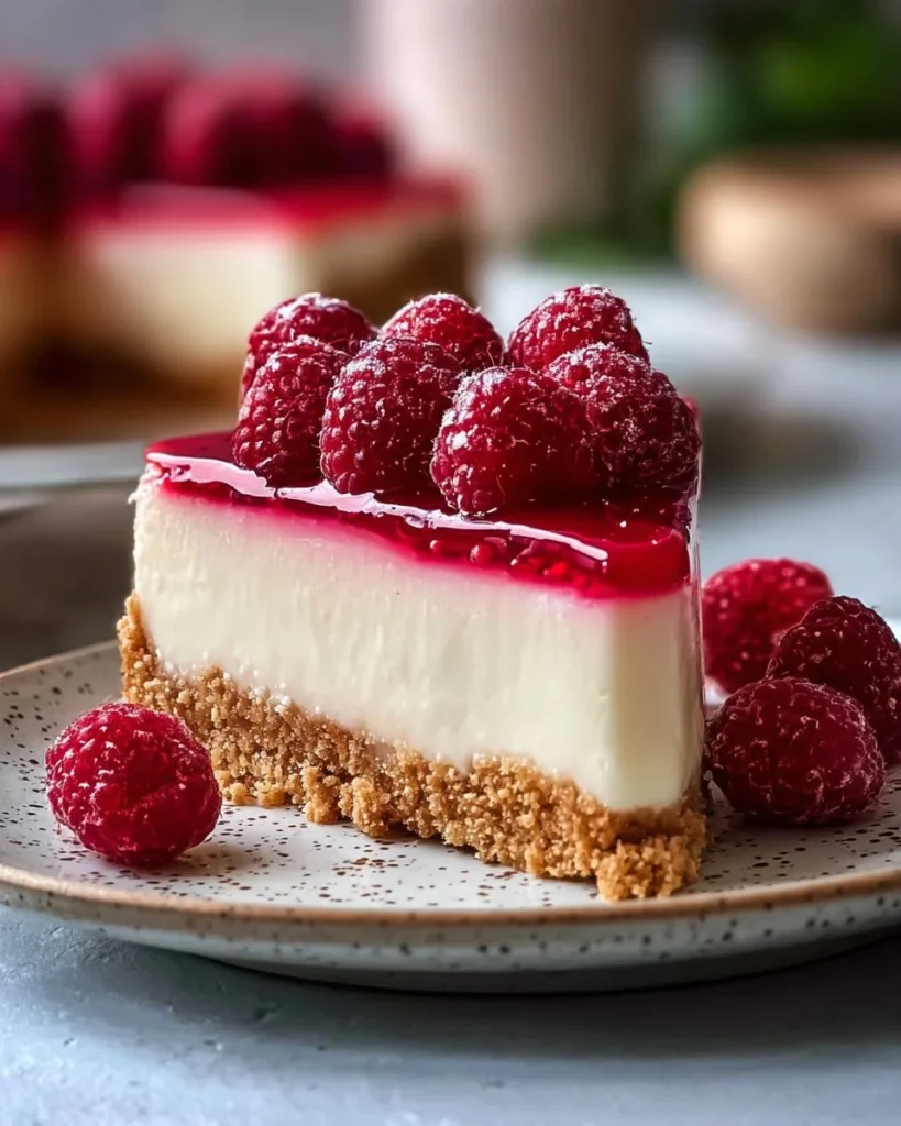 Baked raspberry cheesecake slice on a plate garnished with fresh raspberries