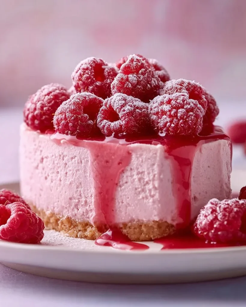 Delicious baked raspberry cheesecake slice on a plate