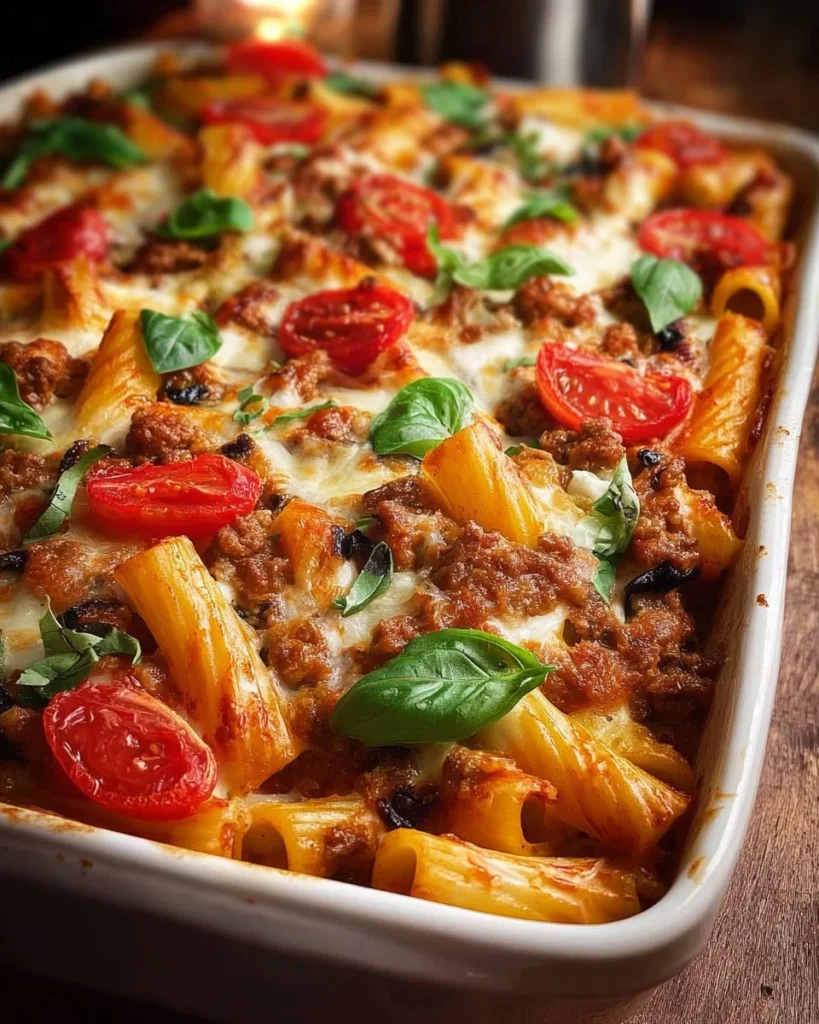 Delicious Baked Rigatoni with colorful vegetables in a casserole dish