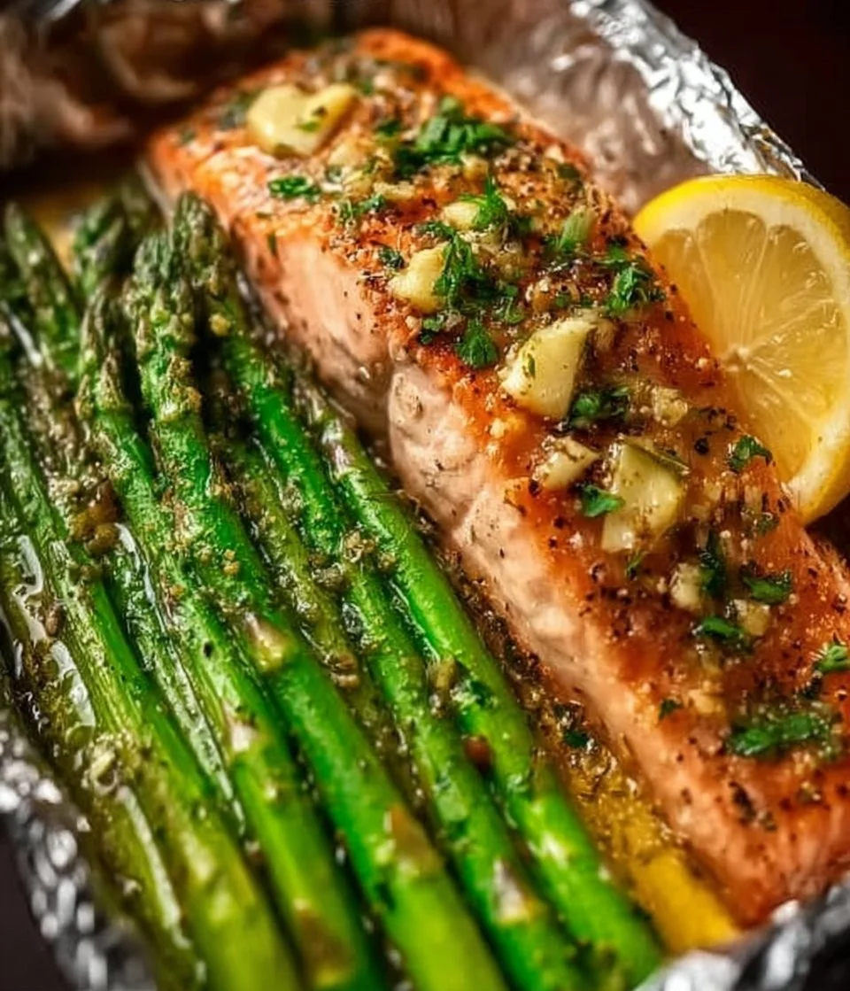 Baked salmon in foil served with asparagus and lemon garlic butter sauce