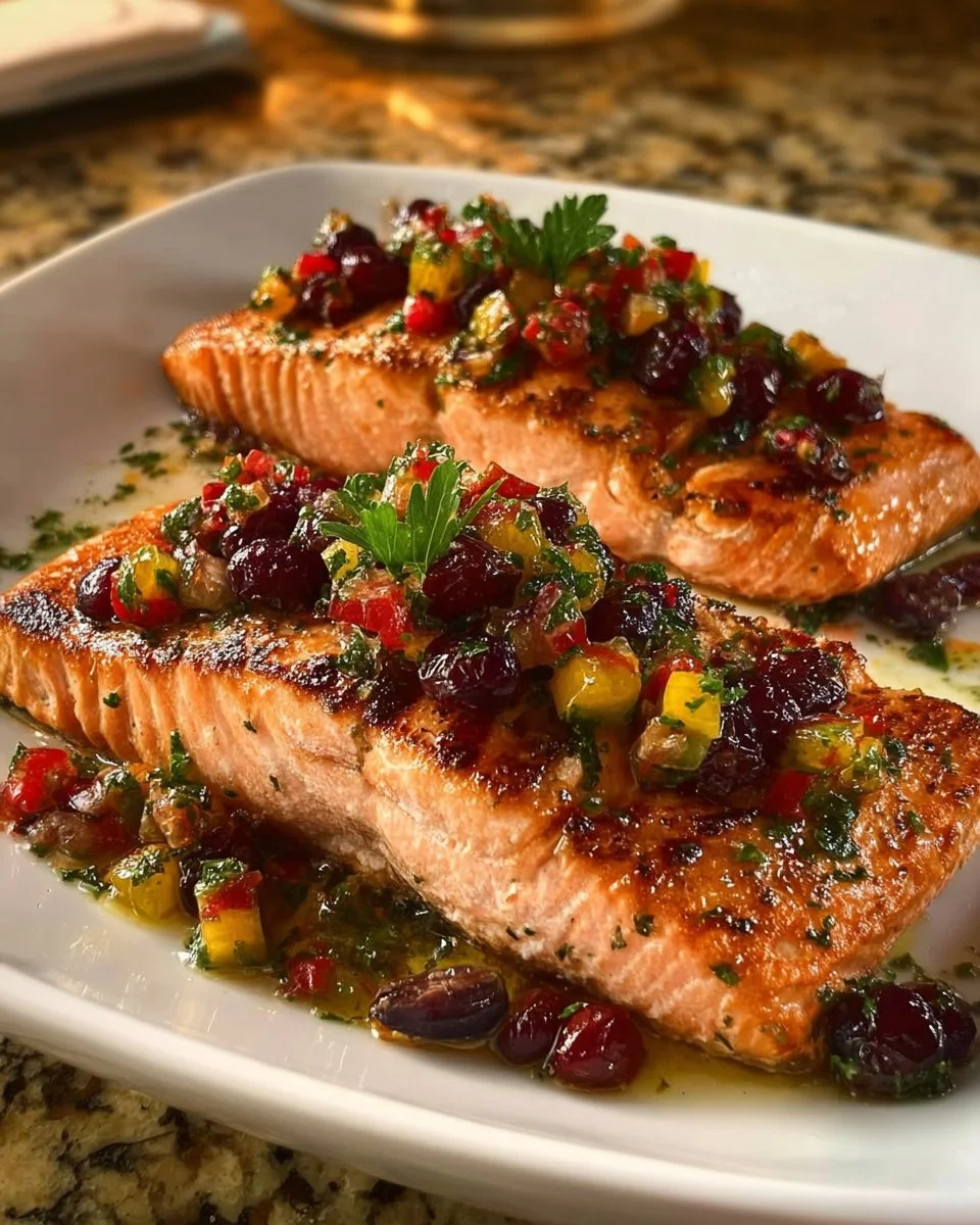 Baked salmon fillet with cranberry salsa and pecans on a serving plate