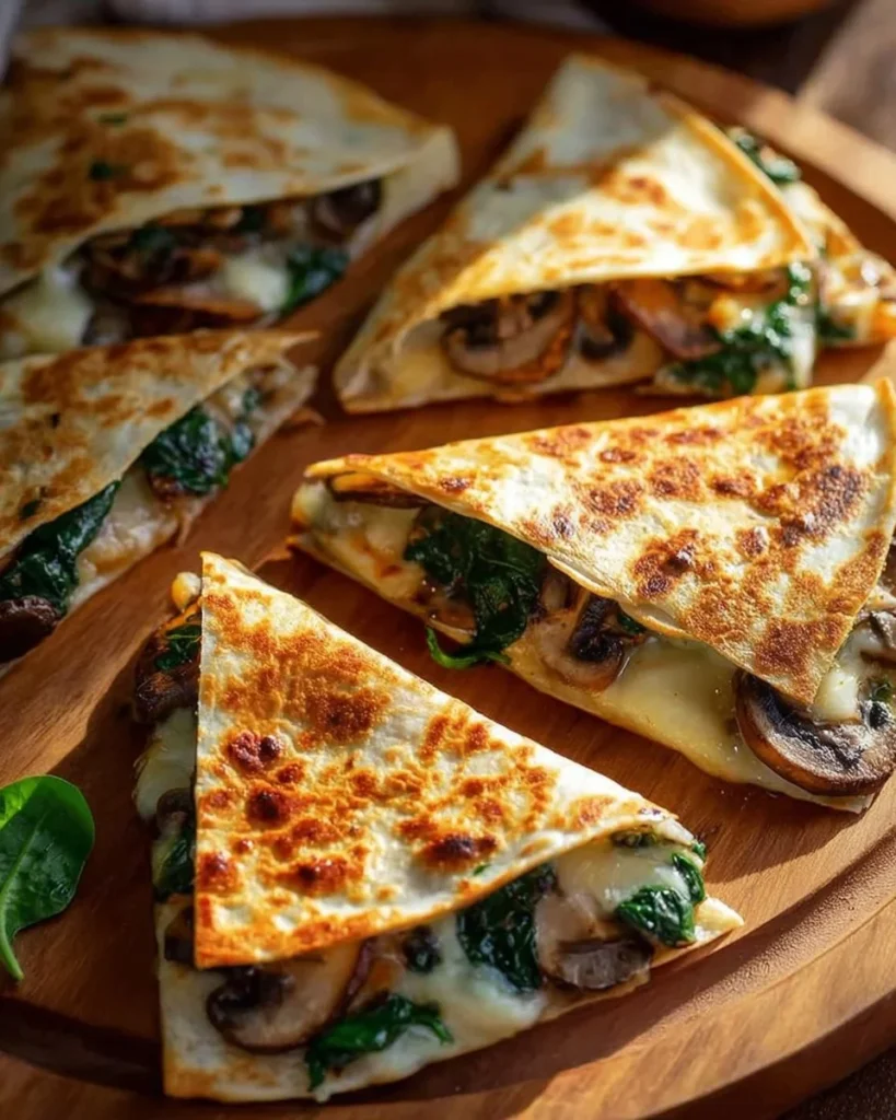 Baked spinach mushroom quesadillas on a plate garnished with herbs.