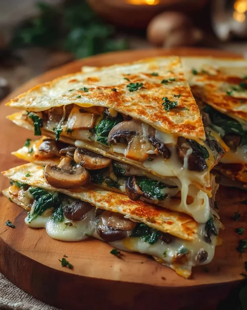 Delicious baked spinach mushroom quesadillas served on a plate
