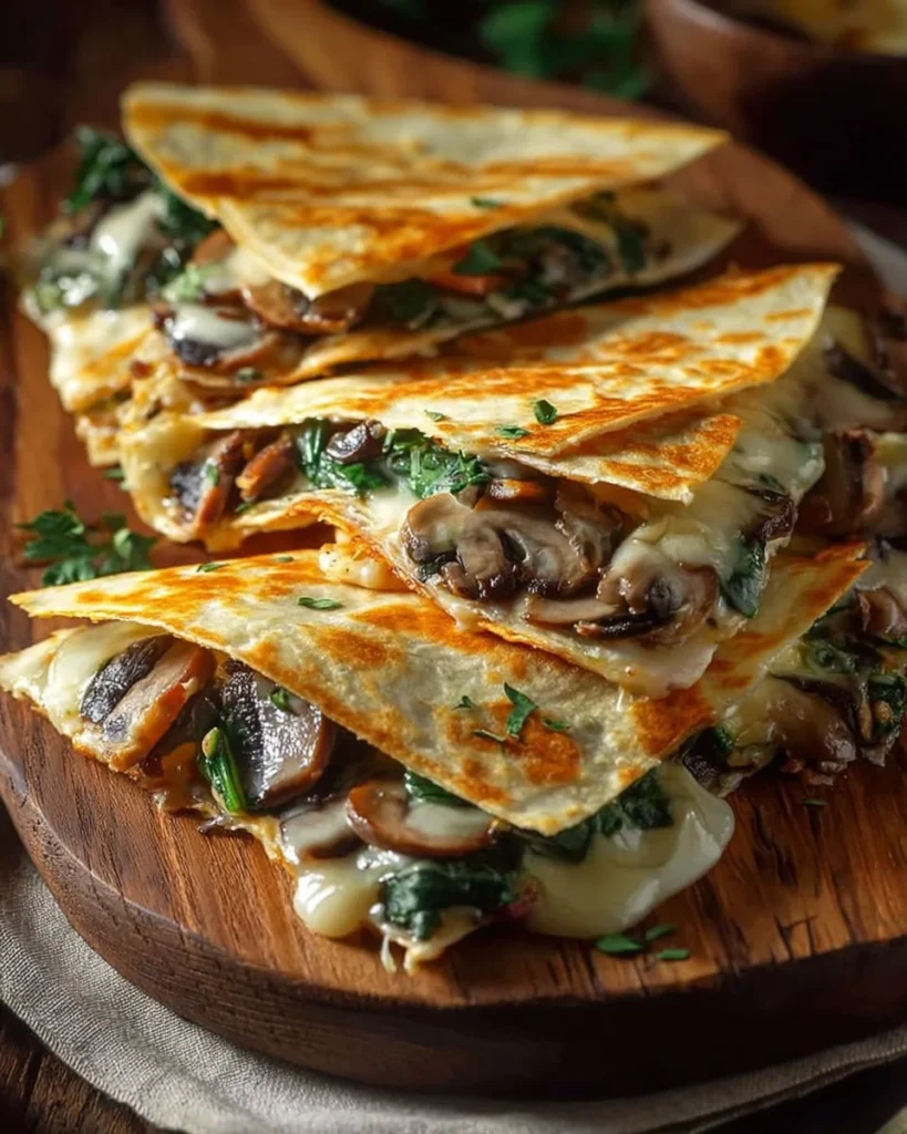Delicious baked spinach mushroom quesadillas served on a plate