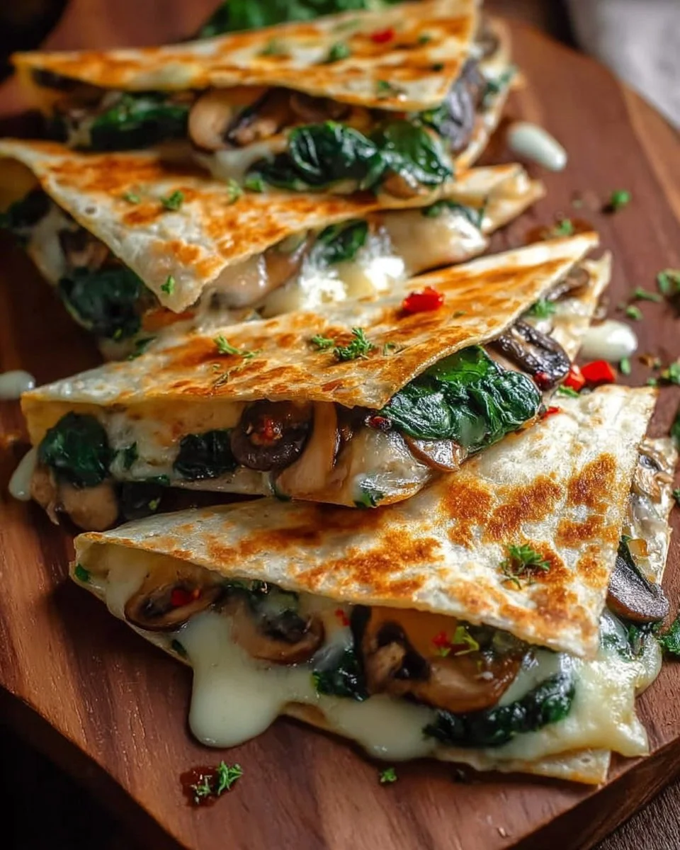 Baked spinach mushroom quesadillas served with salsa and fresh herbs.