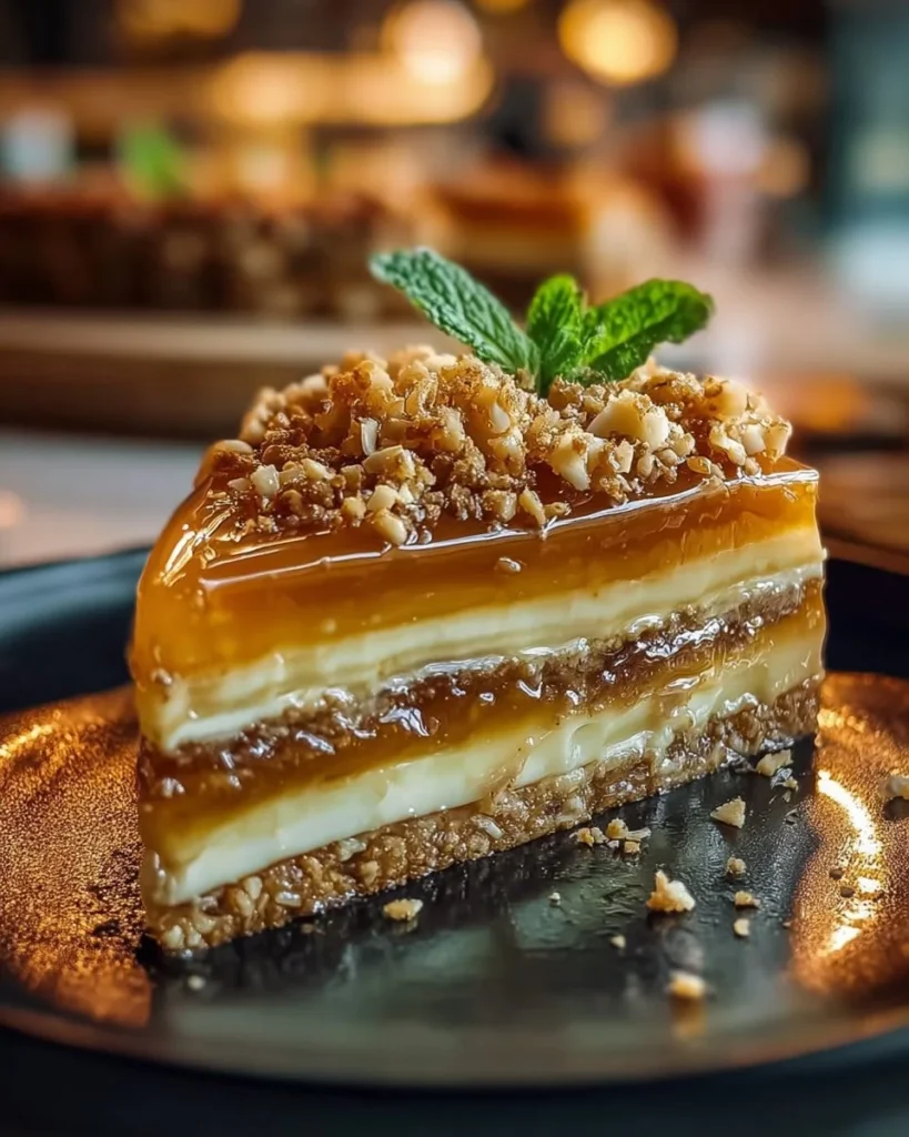 Delicious Baklava Cheesecake topped with nuts and honey syrup.