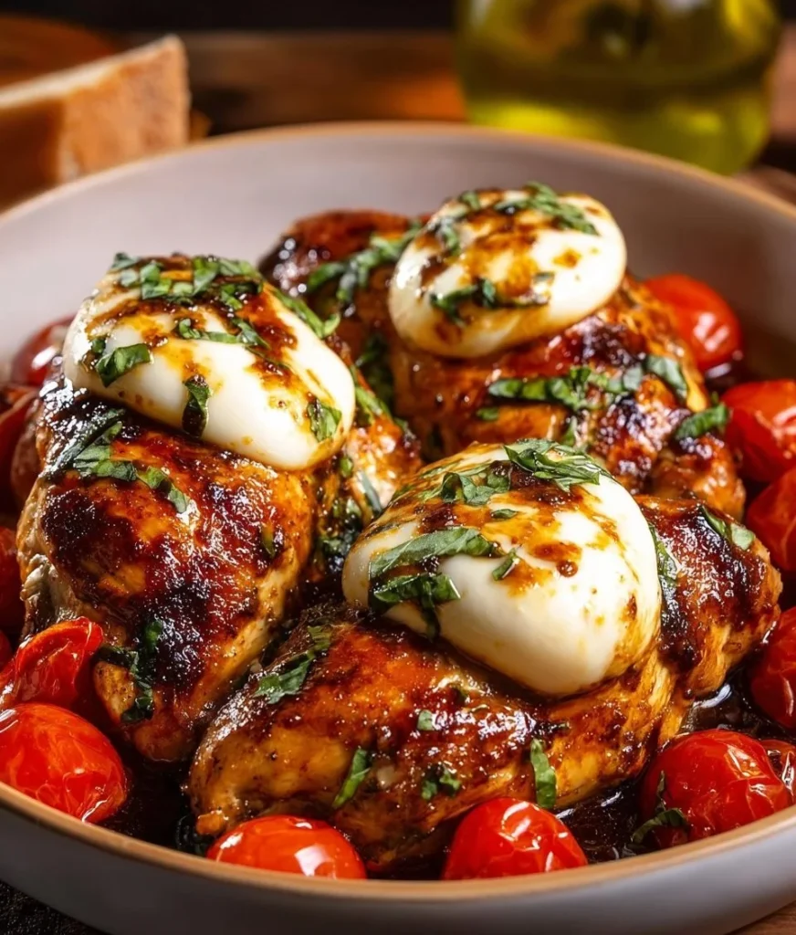 Balsamic baked chicken breast topped with mozzarella cheese for a delicious meal.