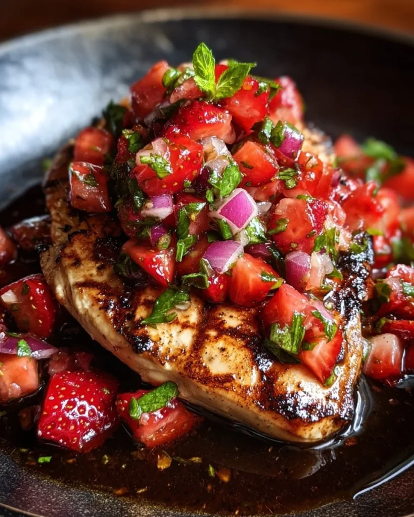 Balsamic chicken served with strawberry basil relish garnished with fresh herbs