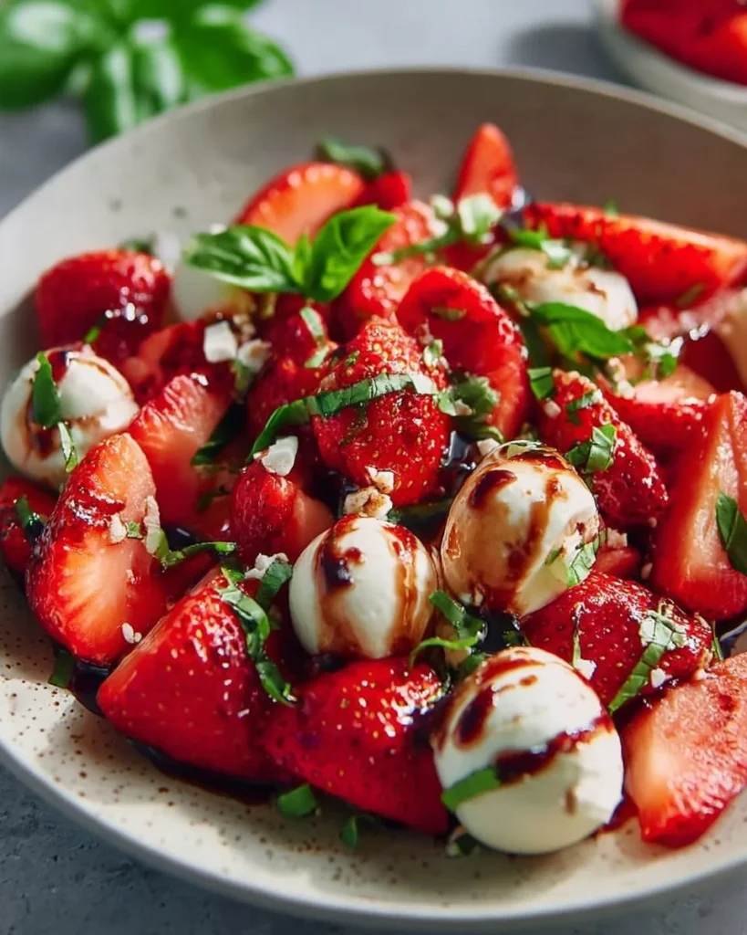 Balsamic Strawberry Caprese salad with mozzarella, fresh strawberries, and basil leaves.