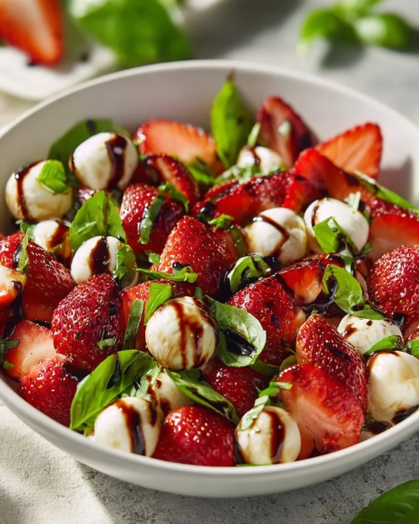 Balsamic Strawberry Caprese Salad with fresh strawberries, basil, and mozzarella
