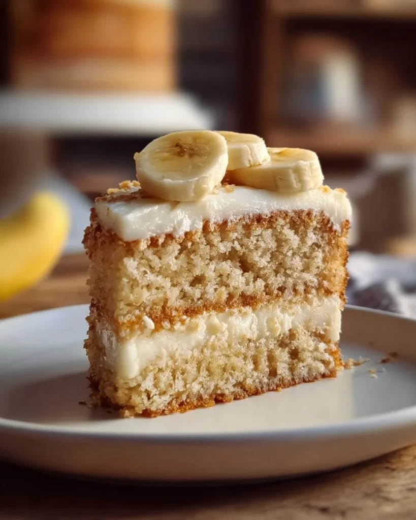 Delicious banana bread cake with cream cheese frosting on a plate