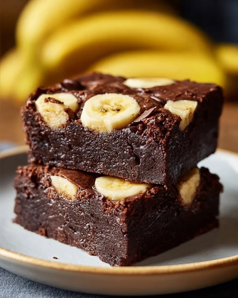 Delicious homemade Banana Brownies cut into squares on a plate