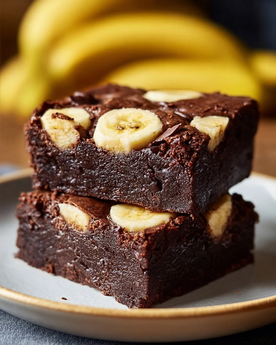 Delicious homemade Banana Brownies cut into squares on a plate