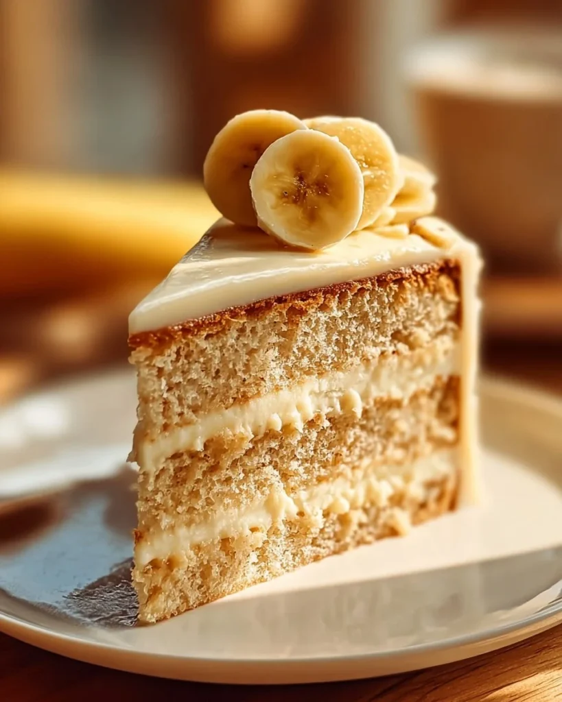 Moist banana cake with creamy frosting on a plate