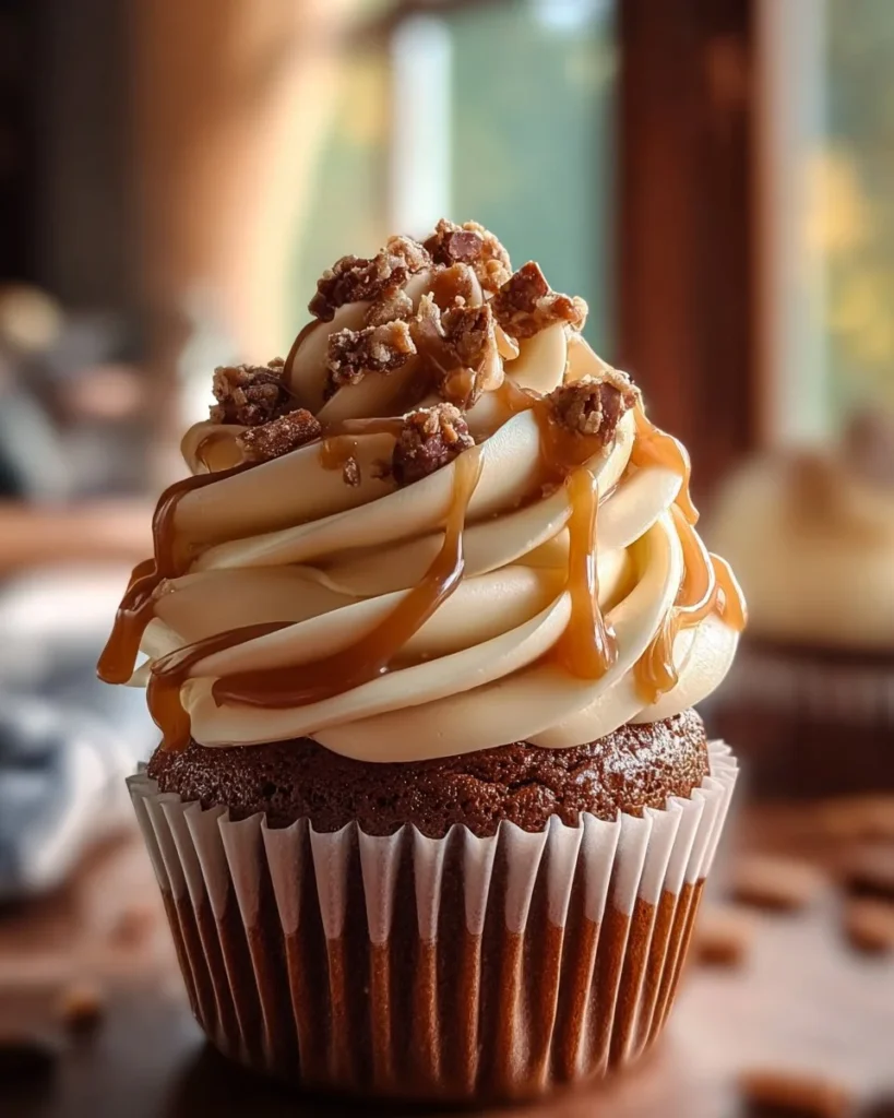 Delicious banana caramel cupcakes with caramel cream cheese frosting