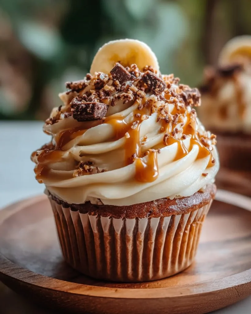 Delicious banana caramel cupcakes with caramel cream cheese frosting on a plate